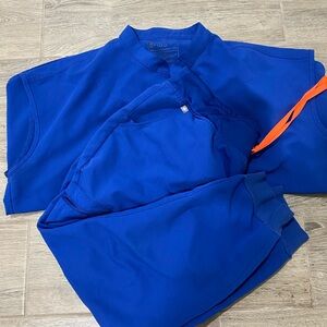 Figs Women's Scrub Set in Royal Blue with Orange Accent